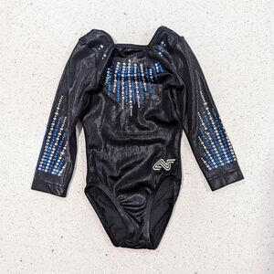 COMPETITION Alpha Gymnastics Dance Leotard CS Child Small Blue Black RHINESTONES